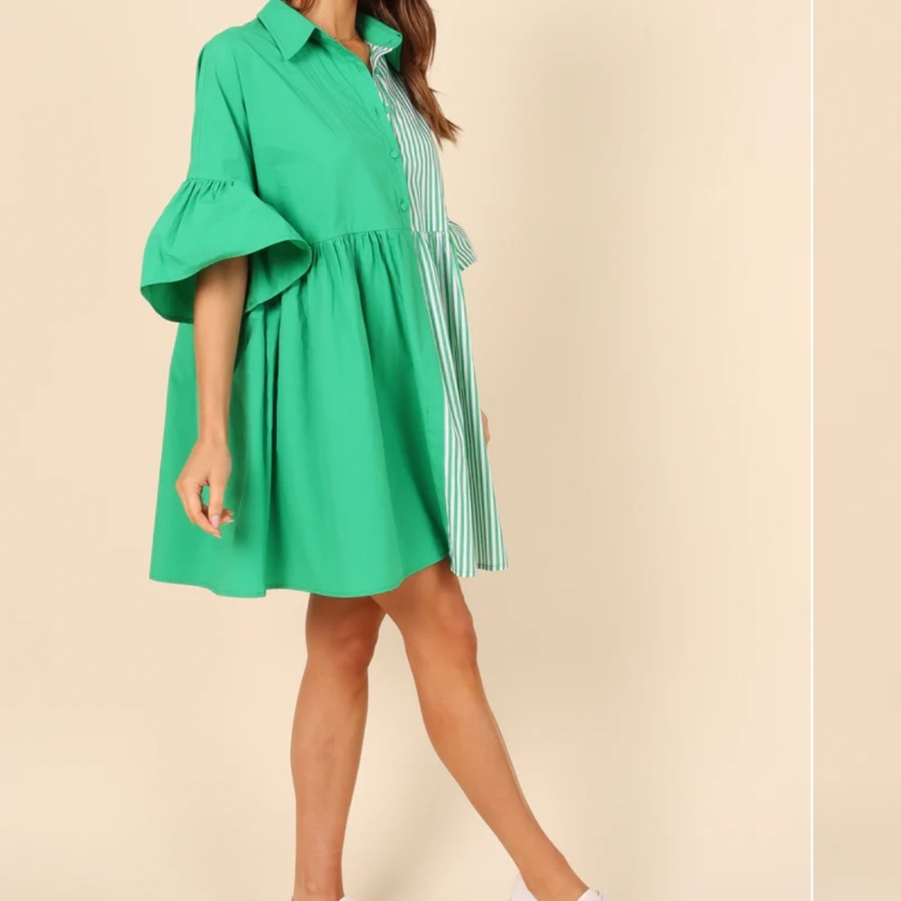 DIDI FRILL MINI DRESS - GREEN STRIPE